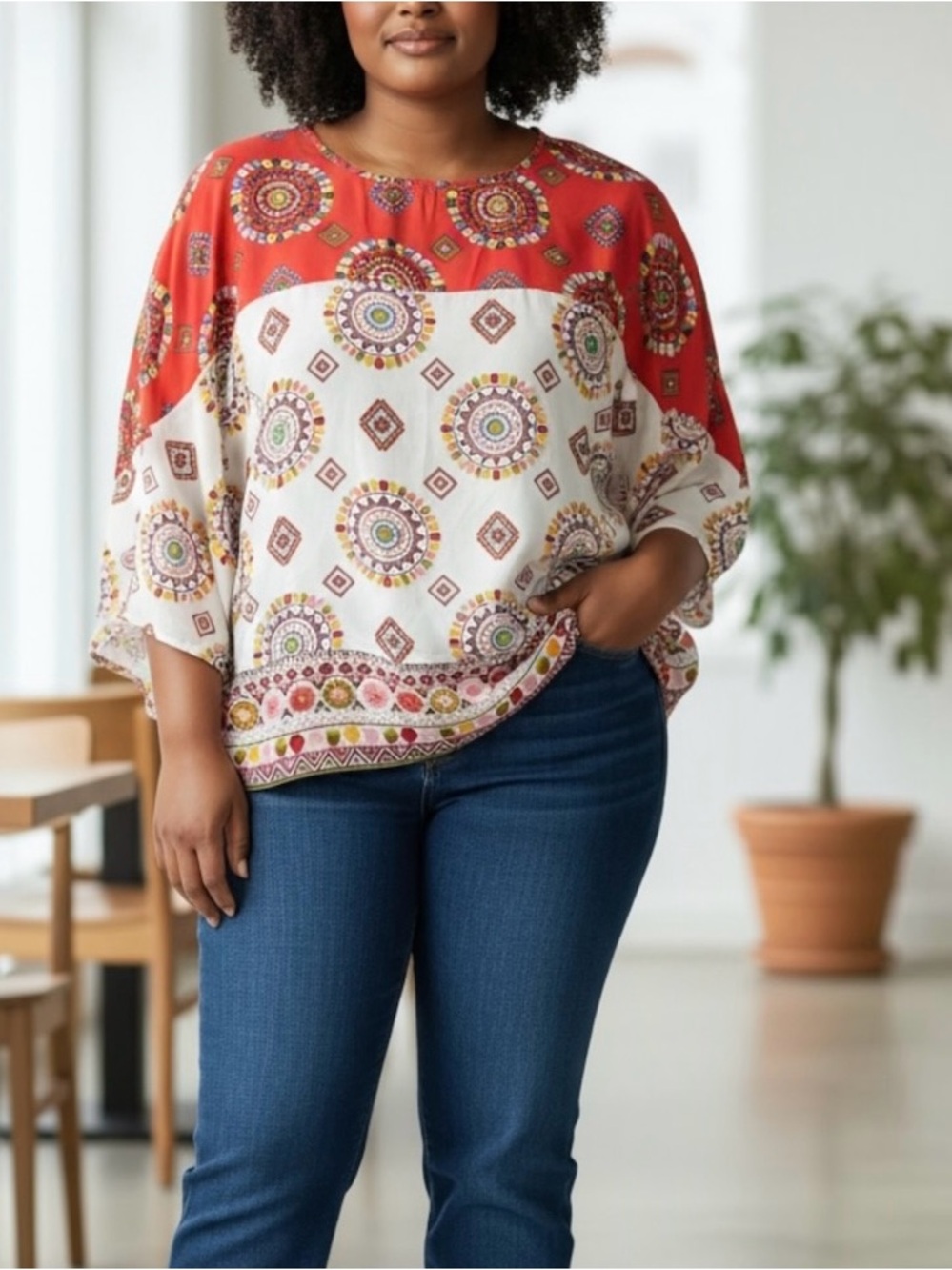 New York & Company Women’s Medallion Print Colorblock 3/4 Sleeve Boho Blouse XL